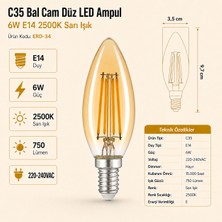 Heka C35 Bal Düz LED Ampul 6W E14 2500K Sarı Işık Erd-34