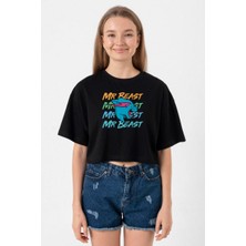 Mr Beast Lettern Siyah Kadın Crop Tshirt