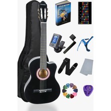 Siyah Klasik Gitar 4/4 Yetişkin Boy Sap Ayarlı Kesik Kasa Full Set (Çanta, Capo, Askı, Pena, Dijital Tuner)
