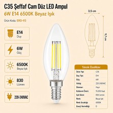 Heka C35 Şeffaf Cam Düz LED Ampul 6W E14 6500K Beyaz Işık Erd-93