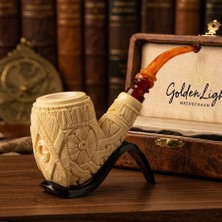 Goldenlight Meerschaum El Oyma Blok Lületaşı Mason Sembollü Çiçek Motifli Pipo, Akrilik Ağızlıklı Premium Koleksiyonluk