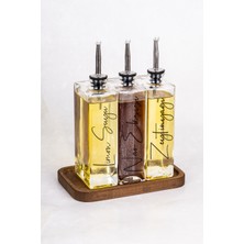 Dolkin Home 3lü 500ML Cam Salata Sosluk Sirkelik Yağdanlık Ahşap Stant 5 Çeşit Etiketli Gümüş Kapak Sofra Yağlık