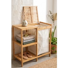 Robin Home Bambu 3 Raflı Kirli Çamaşır Sepeti Kapaklı & Kumaş Torbalı Doğal Ahşap Banyo Düzenleyici