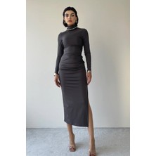 Woman Vision Füme Sandy Kumaş Yarım Balıkçı Yaka ve Yırtmaç Detaylı Midi Abiye Elbise 302