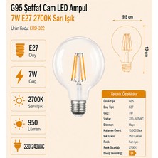Heka G95 Şeffaf Cam LED Ampul 7W E27 2700K Sarı Işık ERD-322