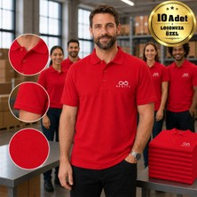BK Gift Logonuza Özel 10 Adet Kırmızı Polo Yaka Tişört - Pamuk Unisex Kurumsal Tişört