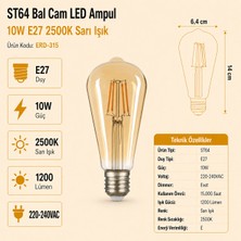 Heka ST64 Bal Cam LED Ampul 10W E27 2500K Sarı Işık ERD-315