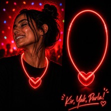 Neon Işıklı Fosforlu Kalp Parti Kolyesi Kırmızı Renk