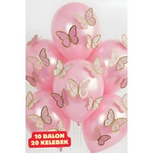 Baloncu Nene 10 Adet Parlak Pembe Balon 20 Pembe Yapışkanlı Kelebek Doğum Günü Balonları Kelebekli Balon