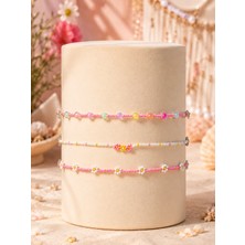 Edoshi Concept 3’lü Set Halhal, Boncuk Halhal Set, Papatyalı Pembe Halhal