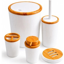 Beyaz Bambu Desenli 5 Parça Banyo Seti, Çöp Kovası, Wc Fırçalık, Sıvı Sabunluk, Diş Fırçalık ve Sabunluk