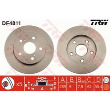 TRW Arka Fren Diski Dolu Tip Toyota Aurıs Corolla 1.6l 1zr-Fe ZRE151 07-> / 1.33L 1nr-Fe NRE150 6 Vite S 10-> 259 Çap x 5 Bijon - Takım Disk Fiyatıdır