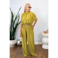 Muna Boutique Beli Lastikli Yarasa Kol Bluz Pantolon Ikili Takım – Yeşil
