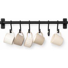 Yake Store 6 Kancalı Retro Askılık, 35 cm Siyah Plastik Duvar Askısı, Hem Yapışkanlı Hem Vidalı Montajlı Fincan Askısı, Kahve Köşesi ve Mutfak Düzenleyici Kupa Askılığı