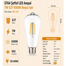 Heka ST64 Şeffaf Cam LED Ampul 7W E27 6500K Beyaz Işık ERD-320