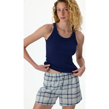 Penti Lacivert Mira Checked Ekoseli Şort Pijama Takımı