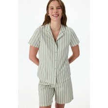 Penti Yeşil Rahat Çizgili Kısa Kollu Gömlek Şort Pijama Takımı