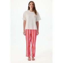 Penti Mercan Rengi Lazy Çizgili Kısa Kollu Pantolon Pijama Takımı