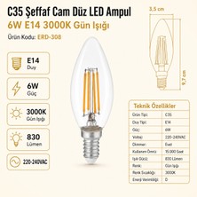 Heka C35 Şeffaf Cam Düz LED Ampul 6W E14 3000K Gün Işığı ERD-308