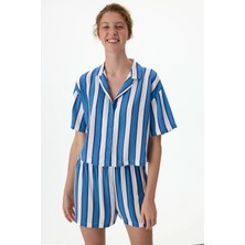 Penti Mavi Vacation Çizgili Kısa Kollu Gömlek Şort Pijama Takımı