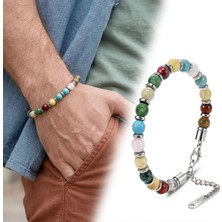 Fm 💎 Premium Karışık Doğal Akik Taş Çakra Temalı Ayarlanabilir 316L Çelik Bileklik 31832B10D9 - (23cm)