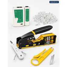 Ekonomik Ağ Kurulum Seti Cat5 Cat6 Cat7 Uyumlu -  Yeni Nesil RJ45 Kablo Sıkma Pensesi Kablo + Test Cihazı + Krone Çakma Aleti + Mini Kablo Soyucu + 100 Adet RJ45 Konnektör + Yedek Bıçağı