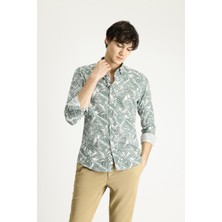 Kiğılı Uzun Kol Slim Fit Dar Kesim Baskılı Pamuk Gömlek