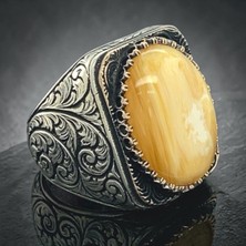 Takılingo 925 Ayar Gümüş Kalem Işlemeli Sıkma Kehribar Taşlı Erkek Yüzük