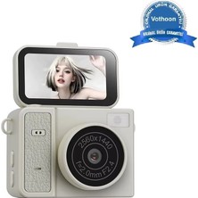 Akıllı Bayi 2k Mini Dijital Retro Video Kamera Flaşlı Dijital Vlog Mini Fotoğraf Makinesi Türkçe Menü Bej