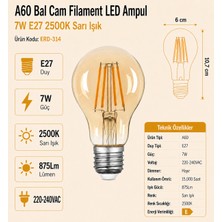 Heka A60 Bal Cam Filament LED Ampul 7W E27 2500K Sarı Işık ERD-314