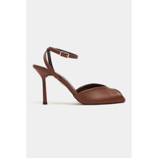 Nişantaşı Shoes Velora Taba Mat Kare Burun Önü Açık Bilek Bağlı Ince Topuklu Kadın Ayakkabı