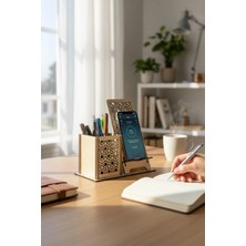 Benomtech Kalemlik ve Telefon Standı – Geometrik Desenli – Doğal Ahşap (Açık Meşe)