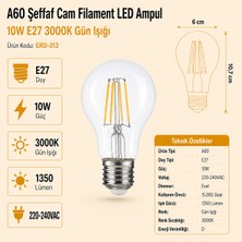 Heka A60 Şeffaf Cam Filament LED Ampul 10W E27 3000K Gün Işığı ERD-313