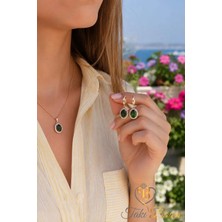 TB Takı Boom Zümrüt Taşlı Takı Seti, Yeşil Taşlı Oval Kolye Küpe Seti, Gümüş Rose Gold Kaplama