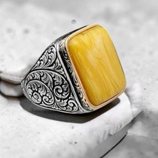 Takılingo 925 Ayar Gümüş Kalem Işlemeli Sıkma Kehribar Taşlı Erkek Yüzük