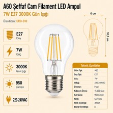 Heka A60 Şeffaf Cam Filament LED Ampul 7W E27 3000K Gün Işığı ERD-310