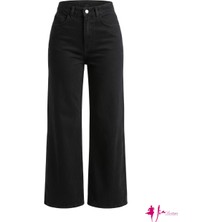 Yüksek Bel Füme Siyah Geniş Paça Jean Pantolon