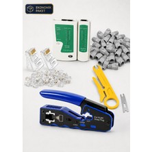 Ekonomik Ağ Kurulum Seti - Cat5 Cat6 Uyumlu -  RJ45 RJ11 Kablo Sıkma Pensesi + Kablo Test Cihazı + Mini Kablo Soyucu + 100 Adet RJ45 Konnektör + 100 Adet Gri Boot Kılıf + Yedek Bıçağı