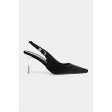 Nişantaşı Shoes Viora Siyah Kadife Kemer Detay Kadın Altın Topuklu Ayakkabı