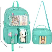 Waddell Kawaii Kore Tarzı Aksesuarlı İlkokul Sırt ve Beslenme Çantası Su Yeşili 25002