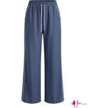 Indigo Mavi Yanı Beyaz Şeritli Beli Bağcıklı Bol Paça Pantolon
