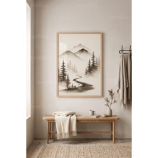 Tontilika Doğanın Sakinliği Minimalist Dağ Manzarası 1. Kalite Ahşap Çerçeveli Tablo