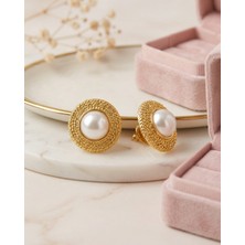 Lyra Perle Gold Dokulu İri Inci Çelik Küpe