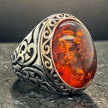 Takılingo 925 Ayar Gümüş Sıkma Kırmızı Kehribar Taşlı Erkek Yüzük