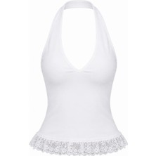 Sagre&Sisters Halter Yaka Dantel Detaylı Viskon Ribana Kadın Bluz – Siyah & Ekru