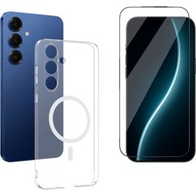 Tekno Grup Galaxy S25 Fe Kılıf Mika Kamera Korumalı M-Safe Şarj Özellikli Şeffaf Sert Pc London Kapak + Cam Ekran Koruyucu