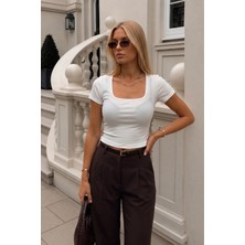 Asfaha Fashion Kadın U Yaka Fitilli Kısa Kollu Beyaz Bluz