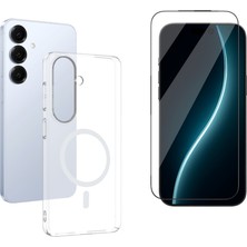 Tekno Grup Galaxy S24 Fe Kılıf Mika Kamera Korumalı M-Safe Şarj Özellikli Şeffaf Sert Pc London Kapak + Cam Ekran Koruyucu