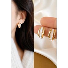 Trend Collection Gold Beyaz Detaylı Halka Küpe Şık Kadın Küpe