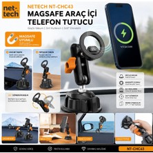 Nettech NT-CHC43 MagSafe Araç İçi Telefon Tutucu Güçlü Vakumlu Yapışkanlı 360° Döner Dashboard Cam Uyumlu Manyetik Telefon Standı Siyah